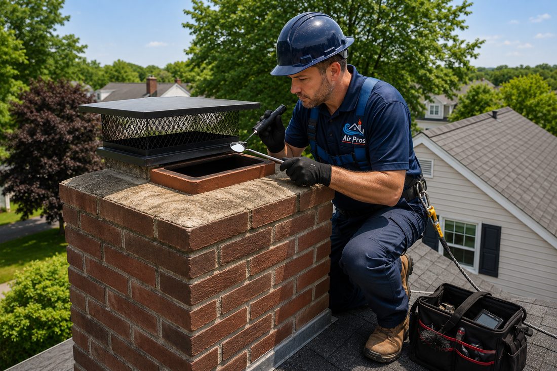 Chimney sweep on roof and flue inspection